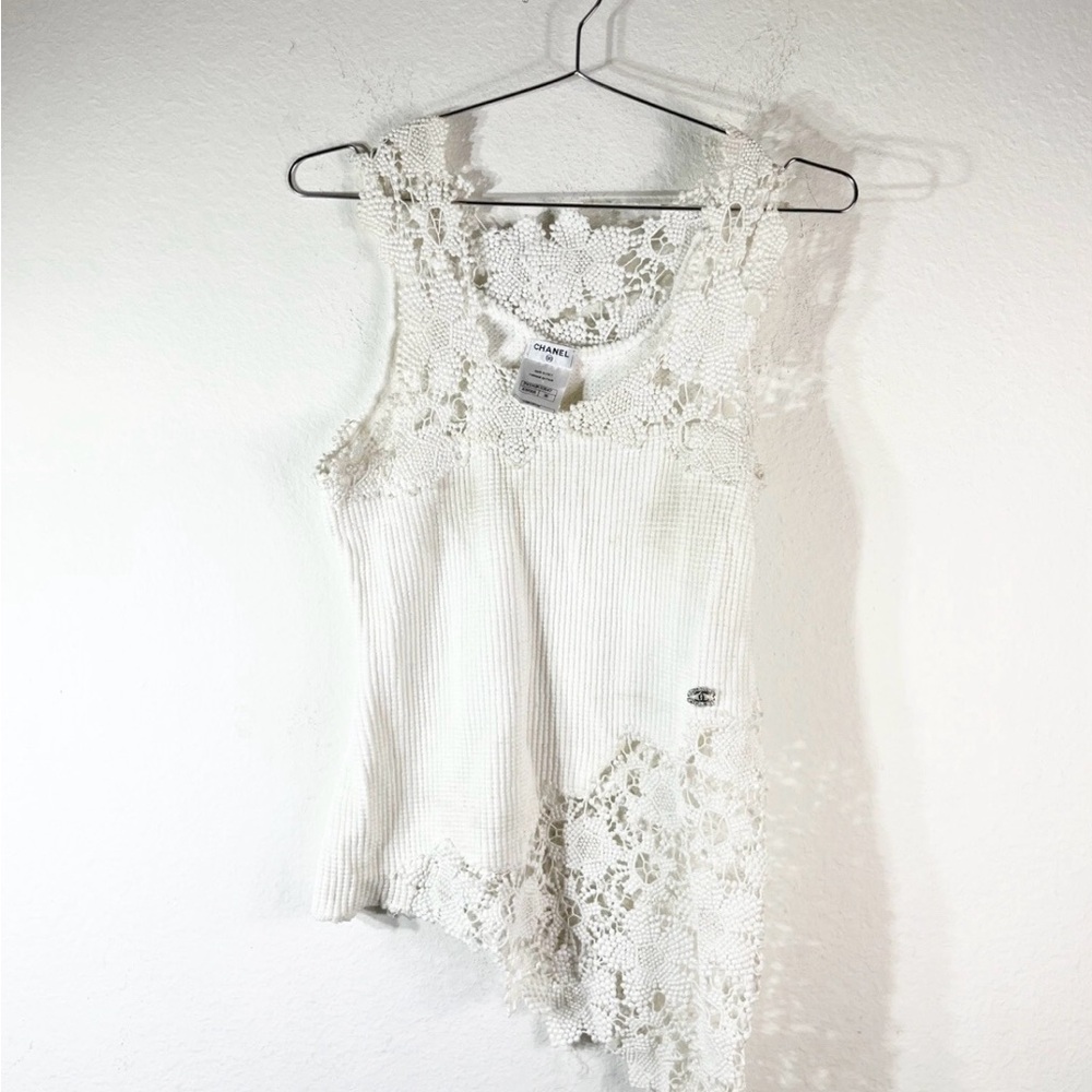 CHANEL Cream Lace Knit Top